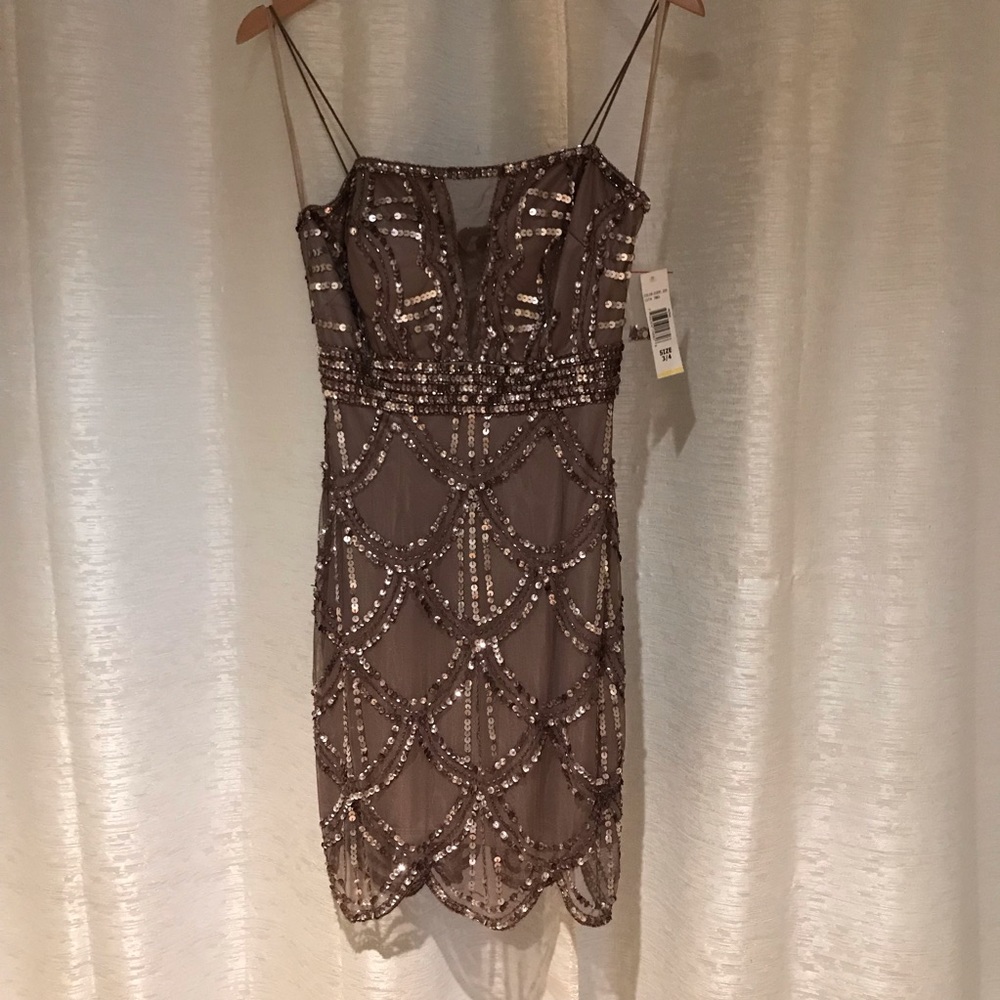 Mocha Brown Sparkly Sequins Cocktail Formal Dress